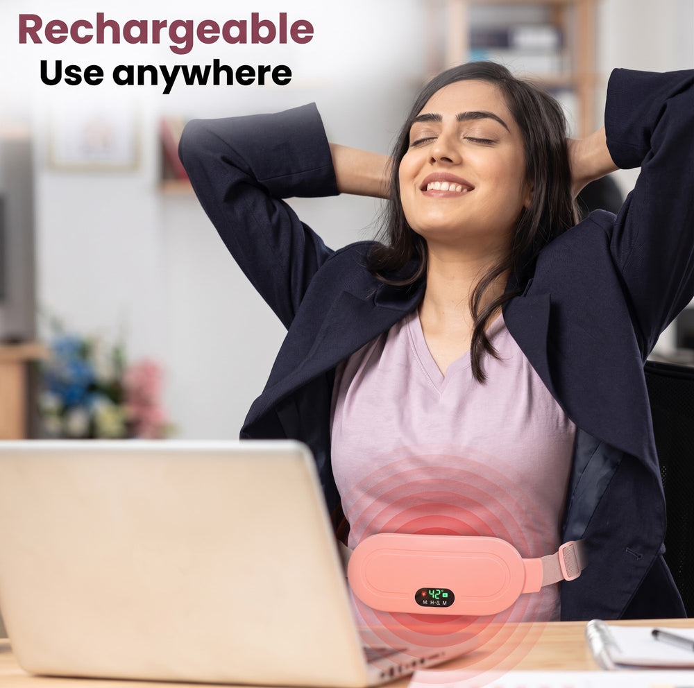 Cordless rechargeable CalmCurve belt worn at a desk